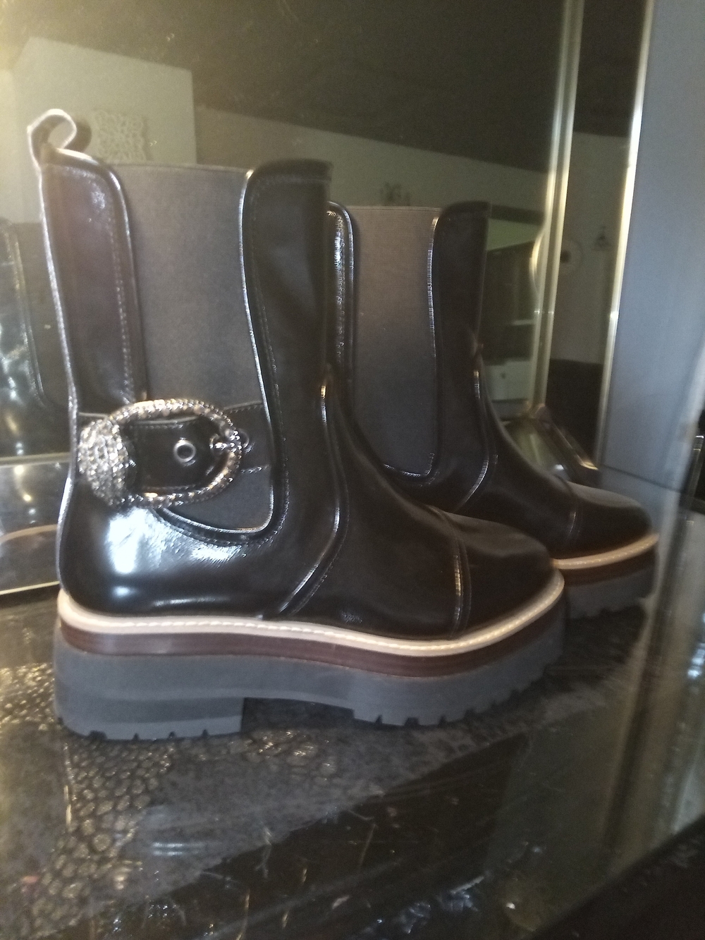 Kurt Geiger Black Patent Leather Platform Ankle Boots with Buckle